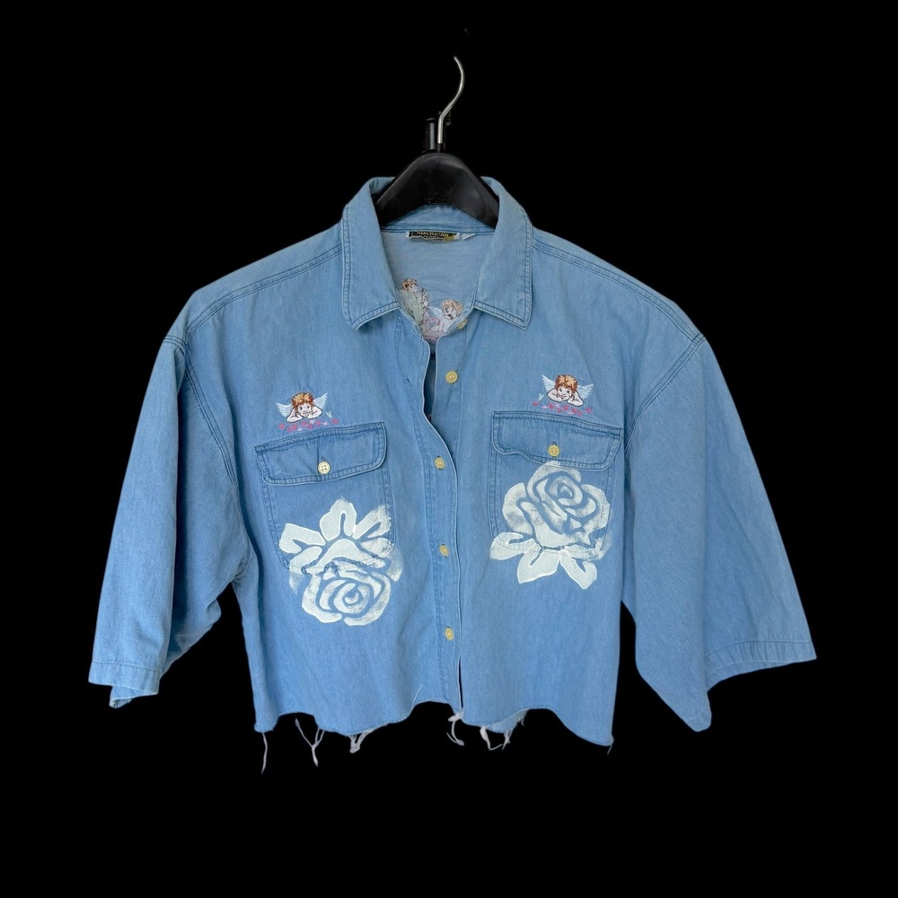 Y2K Custom Denim Shirt XL Blue Embroidered Cherub‎ Angels Cropped Short Sleeve